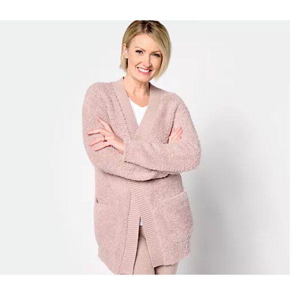 Barefoot Dreams Women Cardigan ~ CozyChic Ribbed Knit Trim Jacket Rose L A615050 - Picture 1 of 7